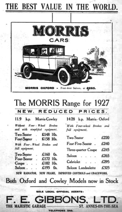 Advert for F.E. Gibbons Majestic Garage, St.Annes,1927.