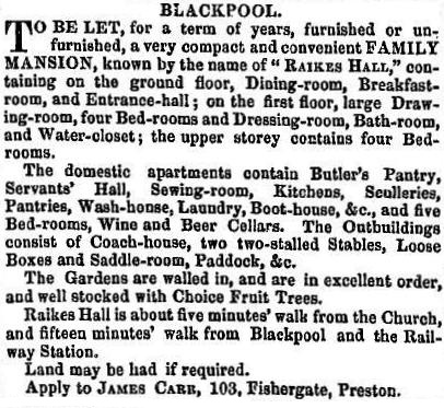 An advert for the lease of Raikes Hall, 1855.