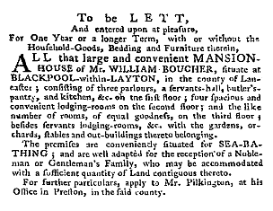 An advert for the lease of Raikes Hall for sea bathing, 1787.