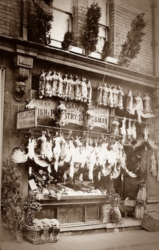Photograph of a shopfront; J Clayton, Poultry Dealer Blackpool, circa1905.