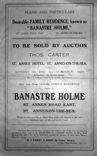 Sale brochure for Banastre Holme, 1920, purchased and converted into St.Annes War Memorial Hospital.