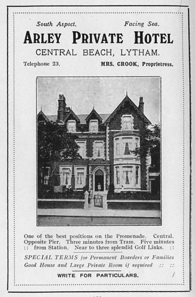 Advert from 1925 for the Arley Hotel, Central Beach, Lytham.