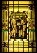 The stained glass window depicting R.G.Barlow and A.N.Hornby which once graced the vestibule door of Alderlea. It is now at Old Trafford. Click on the image for details.