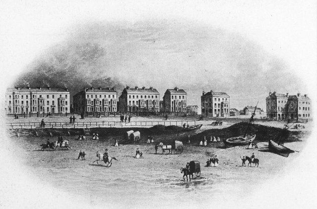 Blackpool in 1852 with Robert Bickerstaffe's Wellington Hotel is the second building on the right, by Chapel Street.