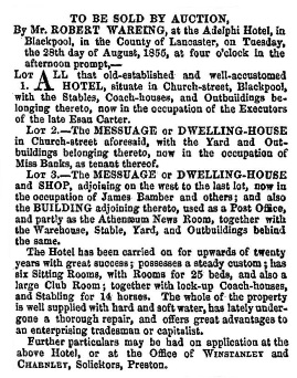 Advert for the sale of the Adelphi Hotel in 1855.