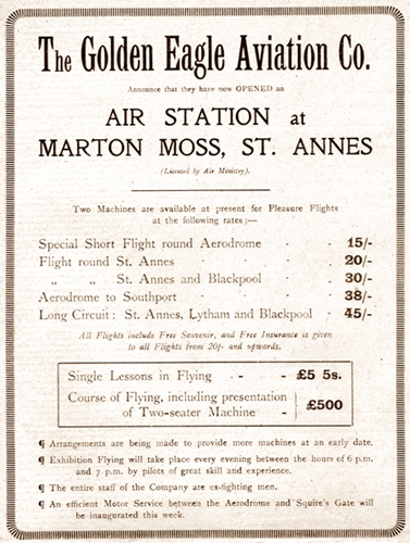 Advert for the Golden Eagle Aviation Company, Blackpool 1919.