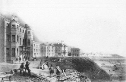 The Lane Ends Hotel (left), Blackpool, in the 1840s. This was on the Promenade, near the junction with Church Street.