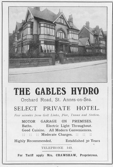 Advertisement from 1924 for the Gables Hotel, Orchard Road, St.Annes-on-the-Sea.