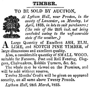 Advert for the sale of wood, Lytham Hall, 1833.