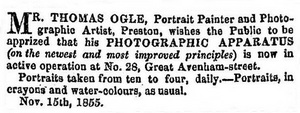 Advert for Thomas Ogle, photographic artist, Preston, 1855.