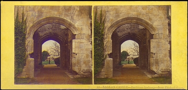An 1850s Thomas Ogle hand-tinted stereoview of Raglan Castle.