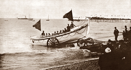 Lifeboat launch at the Official Opening of St.Annes Pier, 1885.