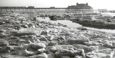 Blocks of frozen seawater on St.Annes Beach, February 1963.