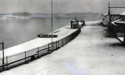 Snow and a thin layer of ice on Fairhaven Lake January 1955