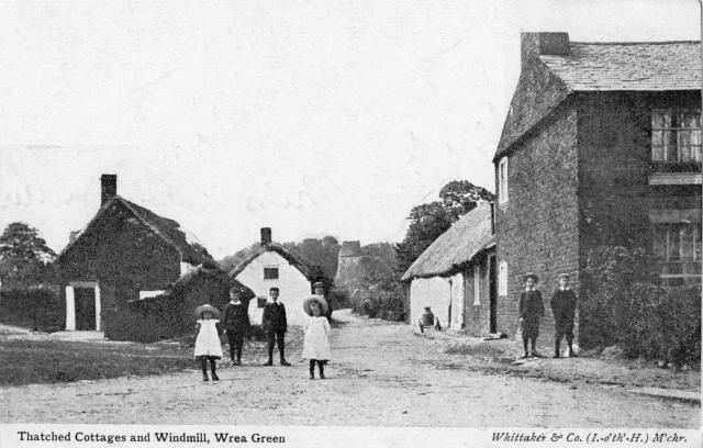 A view of the thatched cottages and windmill at Wrea Green c1904.