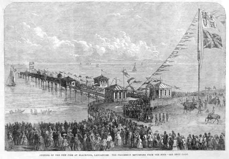 Opening of the New Pier at Blackpool, Thursday 21st May 1863; the procession returning from the Pier; an illustration from the London Illustrated News.