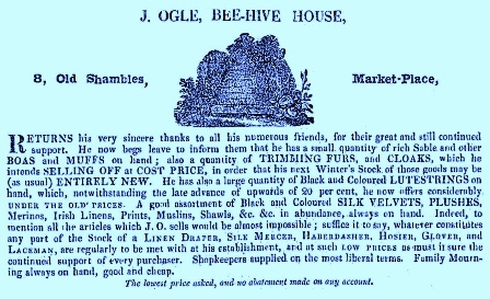 Advert for Joseph ogle, draper, 8, The Shambles, Preston, March, 1836.