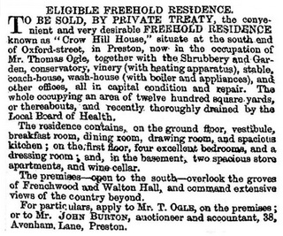 Advert forthe sale of Thomas Ogle's home, Crow Hill House, Oxford Street, Preston.
