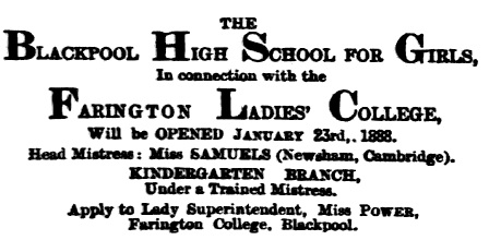 Advert for Farrington Ladies College, 1888.