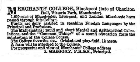 Advert for Isaac Grerory's Merchant's College, Blackpool, July, 1869.