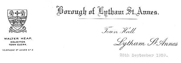 Letterhead of Lytham St Annes Borough Council, 1939.