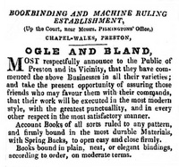 Advert for Ogle & Bland, Bookbinders, Preston, 1834.